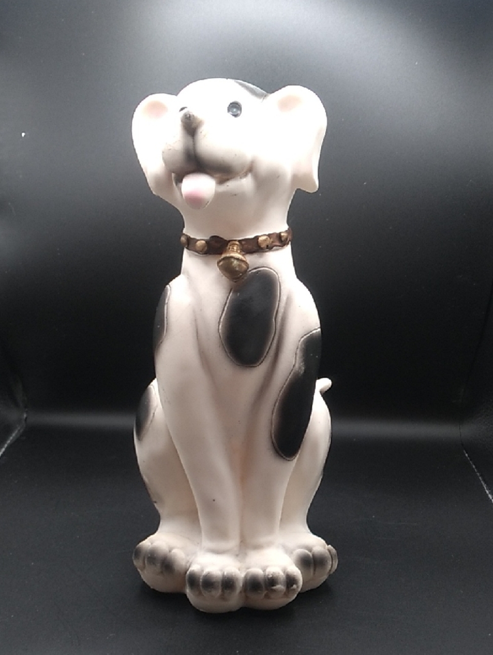 Vintage 8.5" Black and White Spot Dog Figurine with Bell Collar (B3)